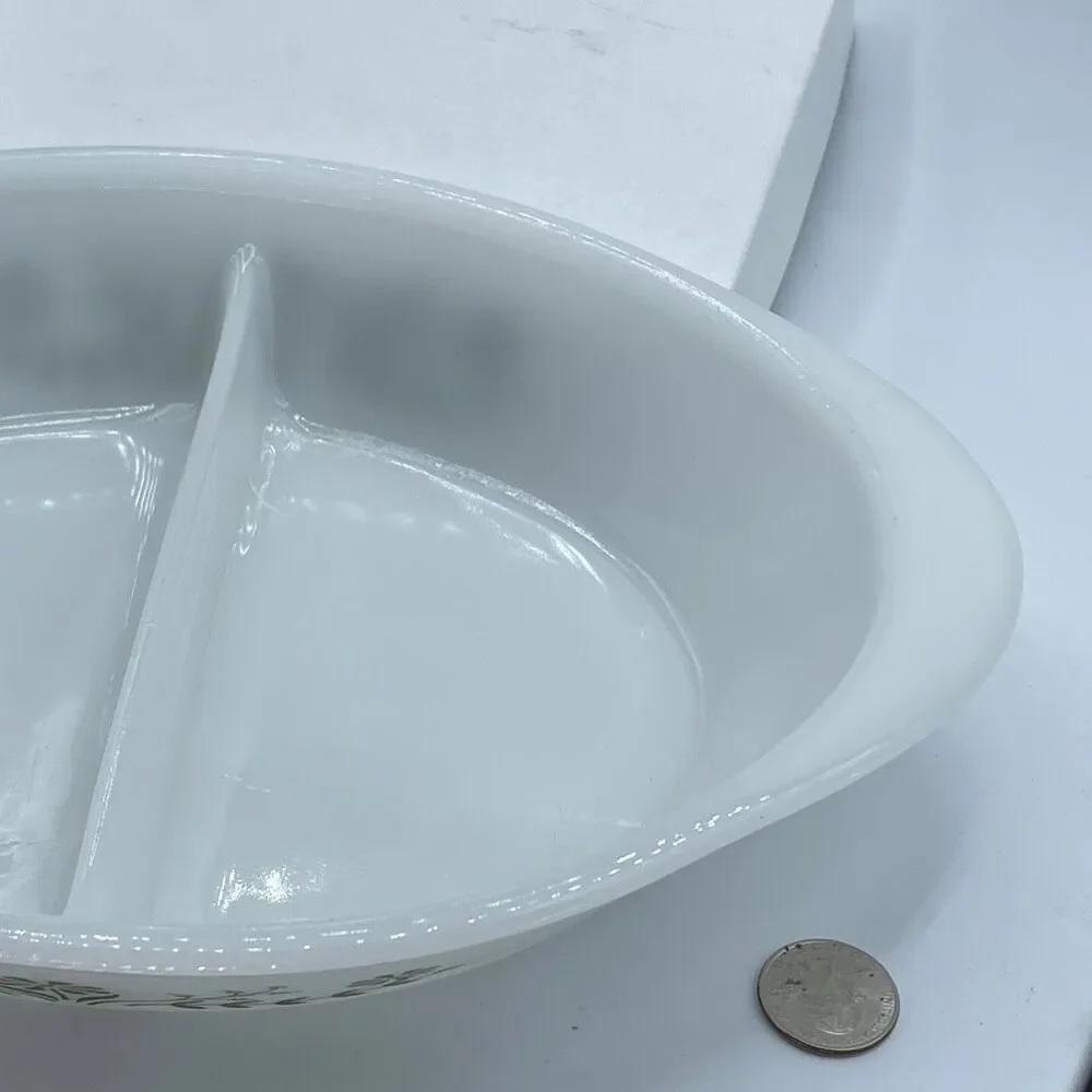 Vintage Glasbake USA milk glass divided serving dish.